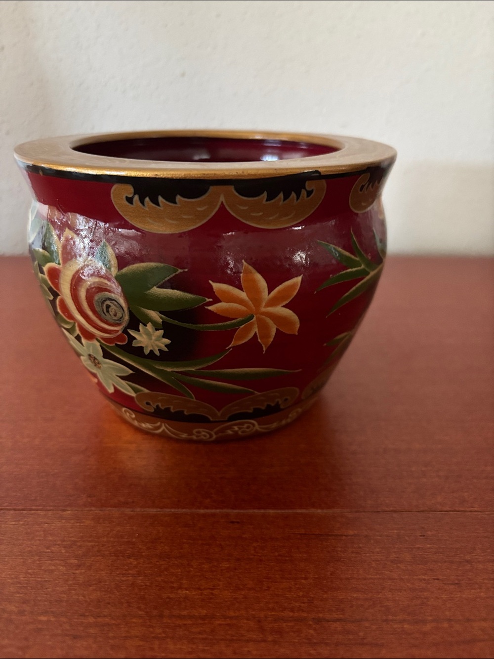 Hand-Painted Red Floral Ceramic Vase with Gold Accents